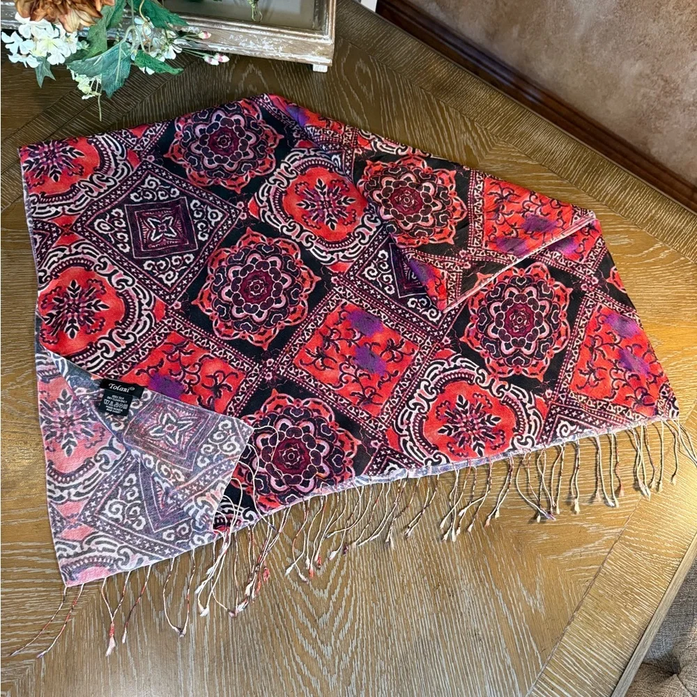 Tolani Silk Scarf in Red and Black with Purple Accents